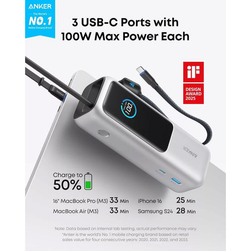 Baterie Externa Anker, 25000mAh, 165W, QC + PD, 1 x USB-A - 3 x USB-C, Argintie