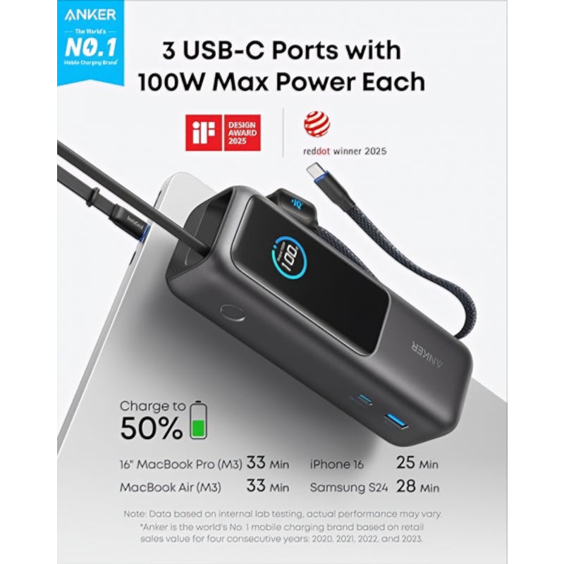 Baterie Externa Anker, 25000mAh, 165W, QC + PD, 1 x USB-A - 3 x USB-C, Gri
