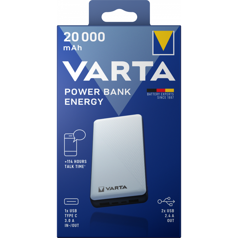Baterie Externa Varta Energy, 20000mAh, 15W, 1 x USB-C - 2 x USB-A, Alba