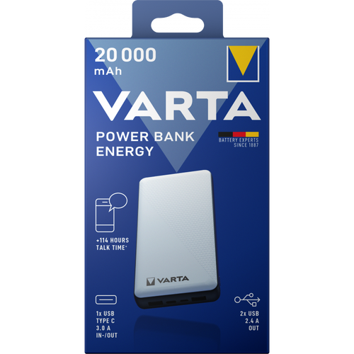 Baterie Externa Varta Energy, 20000mAh, 15W, 1 x USB-C - 2 x USB-A, Alba