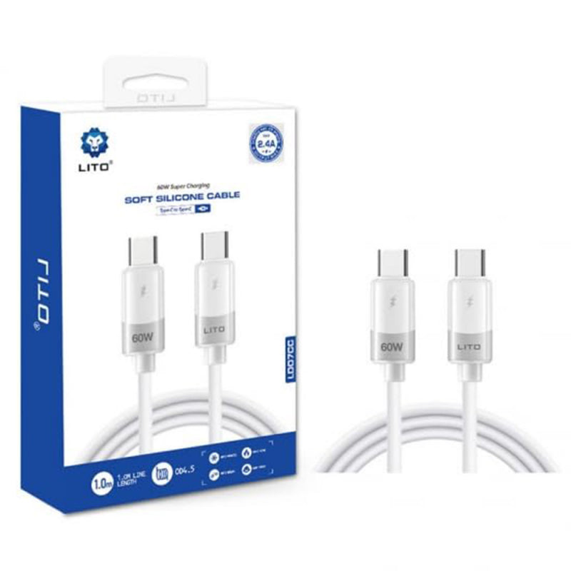 Cablu Date si Incarcare USB-C - USB-C Lito LD07, 60W, 1m, Alb