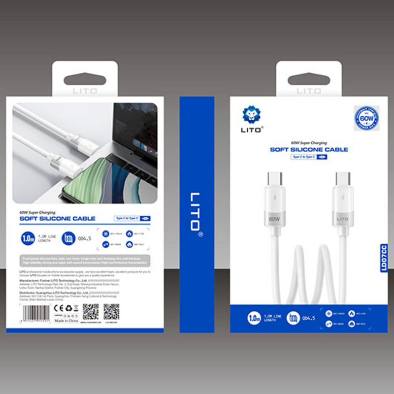 Cablu Date si Incarcare USB-C - USB-C Lito LD07, 60W, 1m, Alb